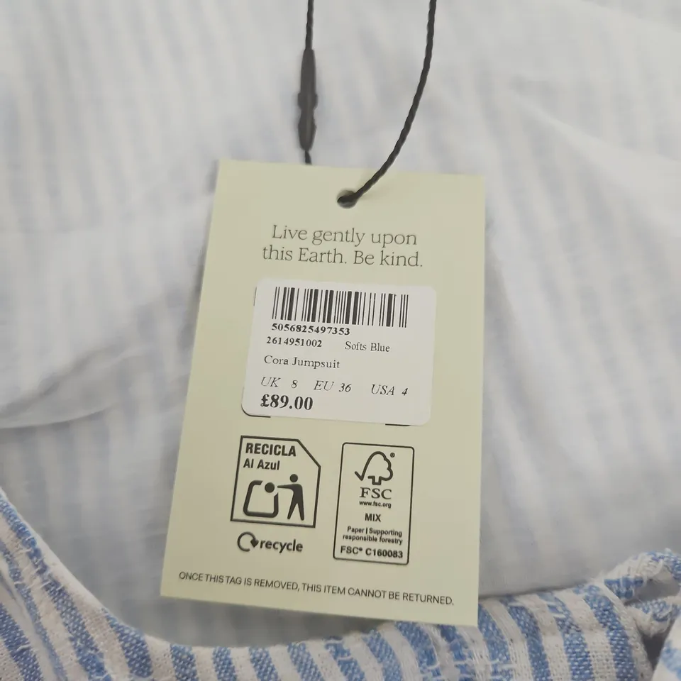 NOBODY'S CHILD CORA JUMPSUIT – SOFT BLUE STRIPE, UK 8 (EU 36, USA 4)