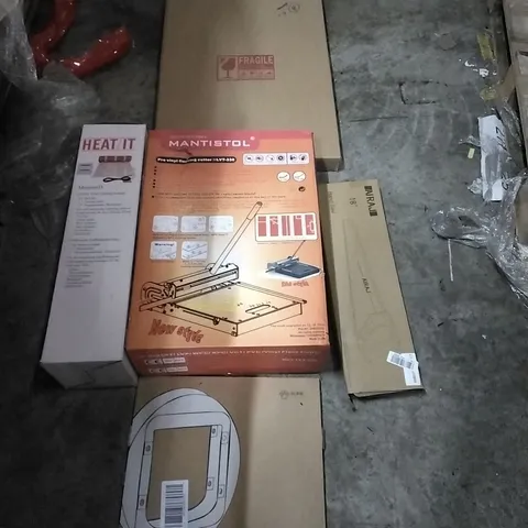 PALLET OF HOUSEHOLD ITEMS TO INCLUDE PET DOOR MOUNTING ADAPTER,  PRO VINYL FLOORING CUTTER, ELECTRIC FLOOR HEATING SYSTEM, MIRROR, HANDSAW AND OTHER ASSORTED ITEMS...