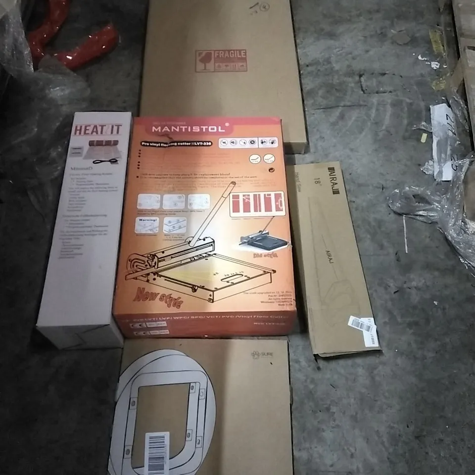 PALLET OF HOUSEHOLD ITEMS TO INCLUDE PET DOOR MOUNTING ADAPTER, PRO VINYL FLOORING CUTTER, ELECTRIC FLOOR HEATING SYSTEM, MIRROR, HANDSAW AND OTHER ASSORTED ITEMS...