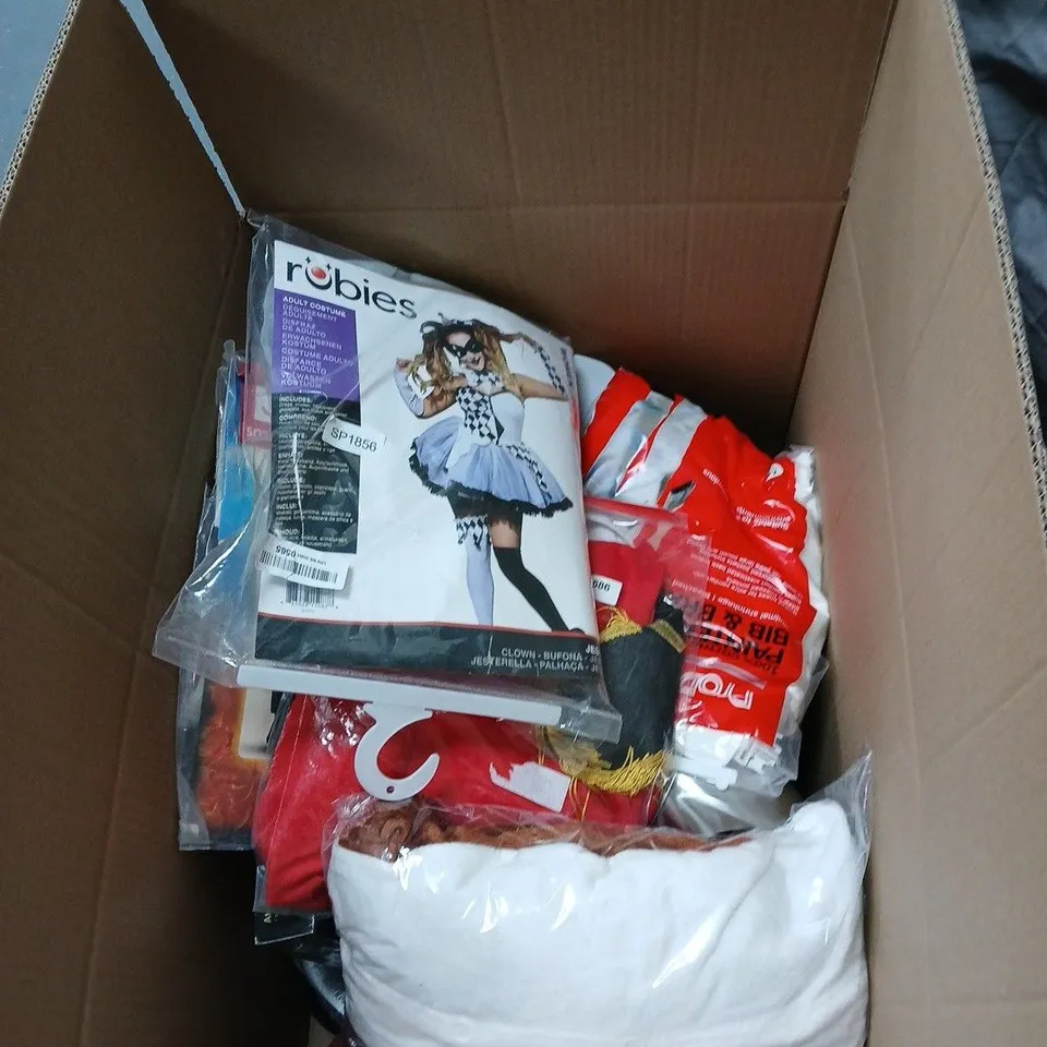 BOX OF APPROXIMATELY 12 ASSORTED ITEMS INCLUDING RING MASTER FANCY DRESS COSTUME , NUTRITION SCALES AND FLOATING MOP