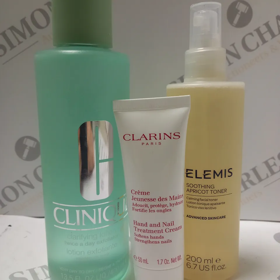 BOX OF 3 ASSORTED BEAUTY PRODUCTS TO INCLUDE CLINIQUE CLARIFYING LOTION, HAND/NAIL TREATMENT, ELEMIS SOOTHING APRICOT TONER