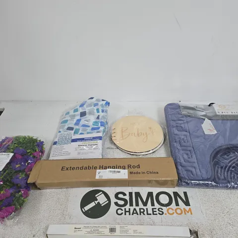 BOX OF APPROXIMATELY 10 ASSORTED ITEMS INCLUDING REHMAT COLLECTION 2 PCS BATH MAT SET, STARRETT PILOT DRILL 10 X 370MM AND AN EXTENDABLE HANGING ROD