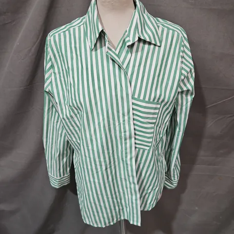 FRENCH CONNECTION STRIPE RELAXED POPOVER LONG SLEEVE SHIRT IN JELLYBEAN/WHITE SIZE 10/S