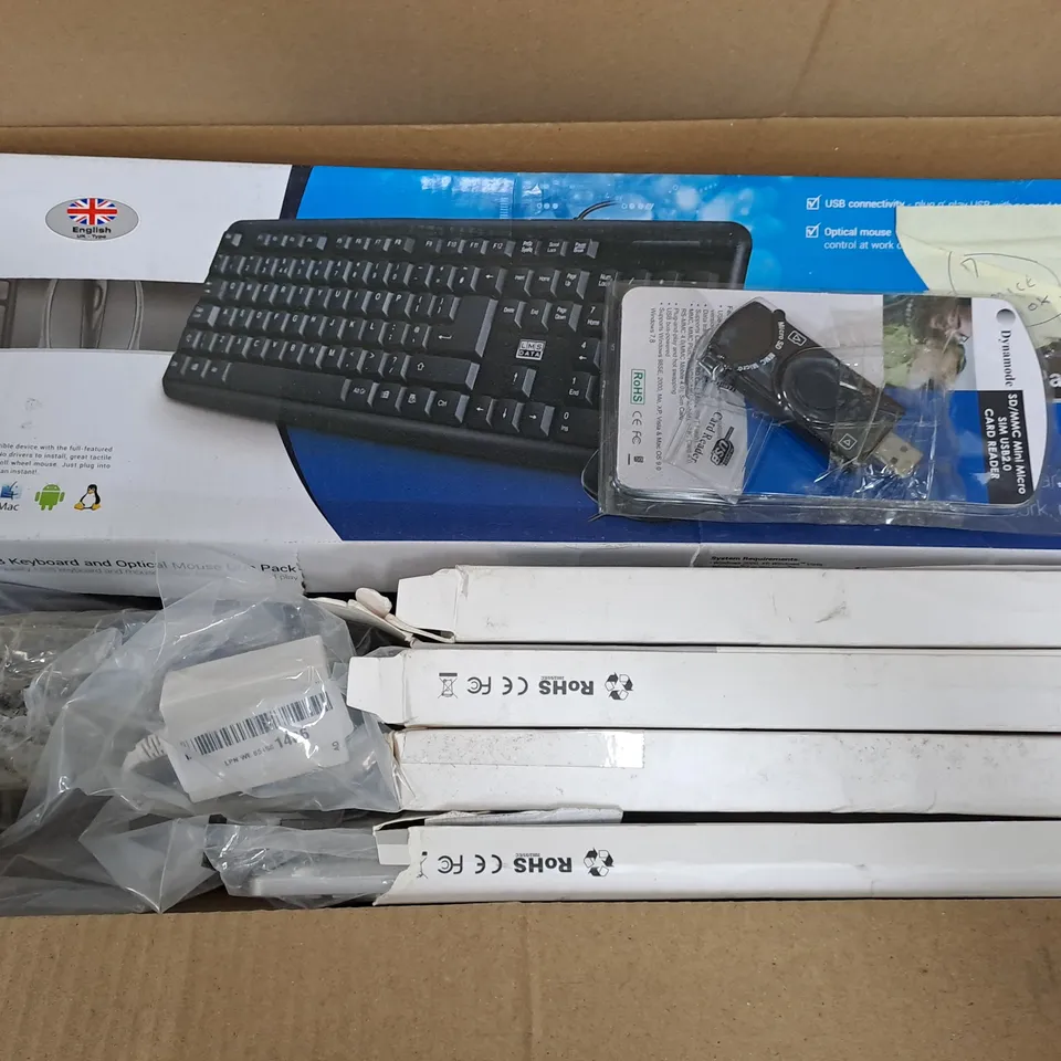 APPROXIMATELY 10 ASSORTED ELECTRICAL ITEMS TO INCLUDE KEYBOARD & MOUSE COMBO, BLUETOOTH KEYBOARD, SIM CARD READER, ETC - COLLECTION ONLY