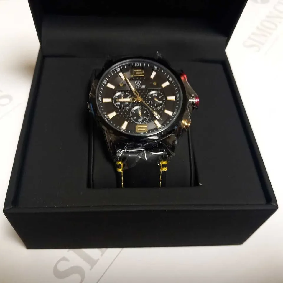MEN’S RUCKSTUHL CHRONOGRAPH WATCH – MODEL R120 – BLACK MULTI-FUNCTION DIAL – BLACK GENUINE LEATHER STRAP – 3ATM WATER RESISTANT 