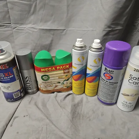 APPROXIMATELY 15 ASSORTED AEROSOLS TO INCLUDE BOSS BOTTLED BODY SPRAY, SATIN CARE SHAVE GEL, DRY SHAMPOO TROPICAL, ETC - COLLECTION ONLY