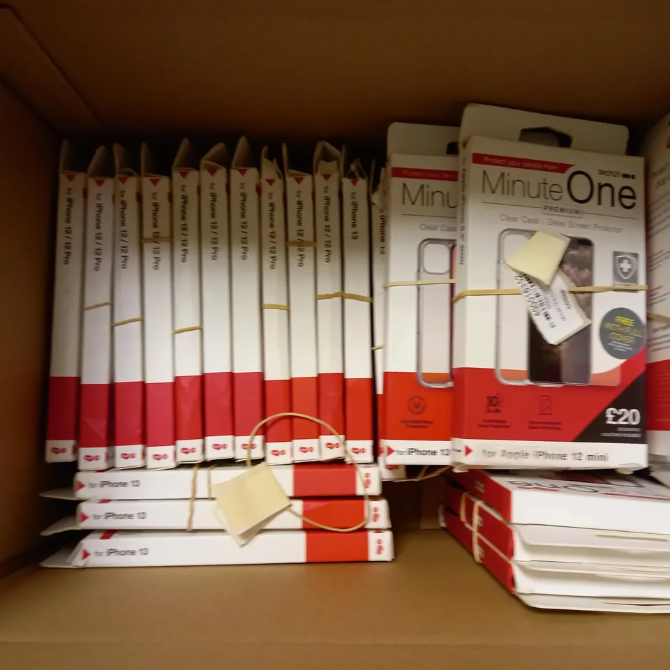 BOX OF APPROX 30 TECH 21 MINUTE ONE PREMIUM PHONE CASE AND SCREEN PROTECTOR FOR ASSORTED PHONES