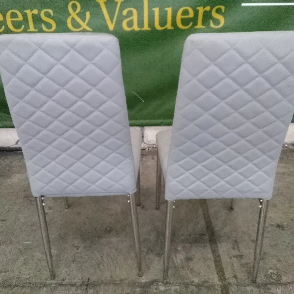 SET OF 2 NEW RENZO LIGHT GREY LEATHER DINING CHAIRS (CHROME LEG)