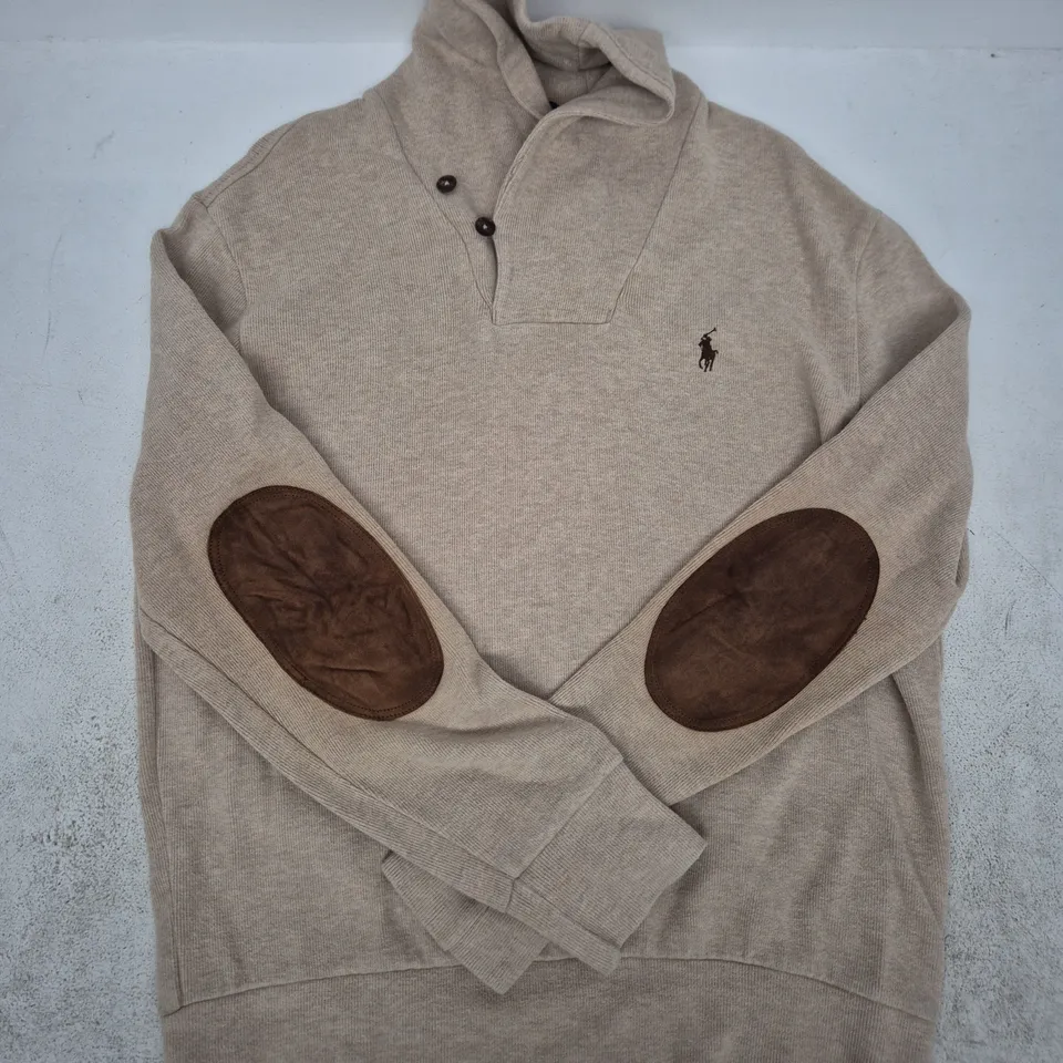RALPH LAUREN BEIGE KNIT WITH LEATHER-LOOK ELBOW PATCHES SIZE MEDIUM