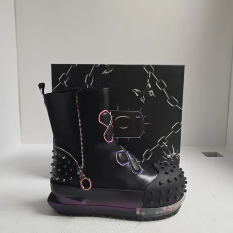 CYBERPUNK BLACK STUDDED LEATHER ANKLE BOOT WITH SIDE ZIP AND PURPLE TRANSLUCENT SOLE UK SIZE 6