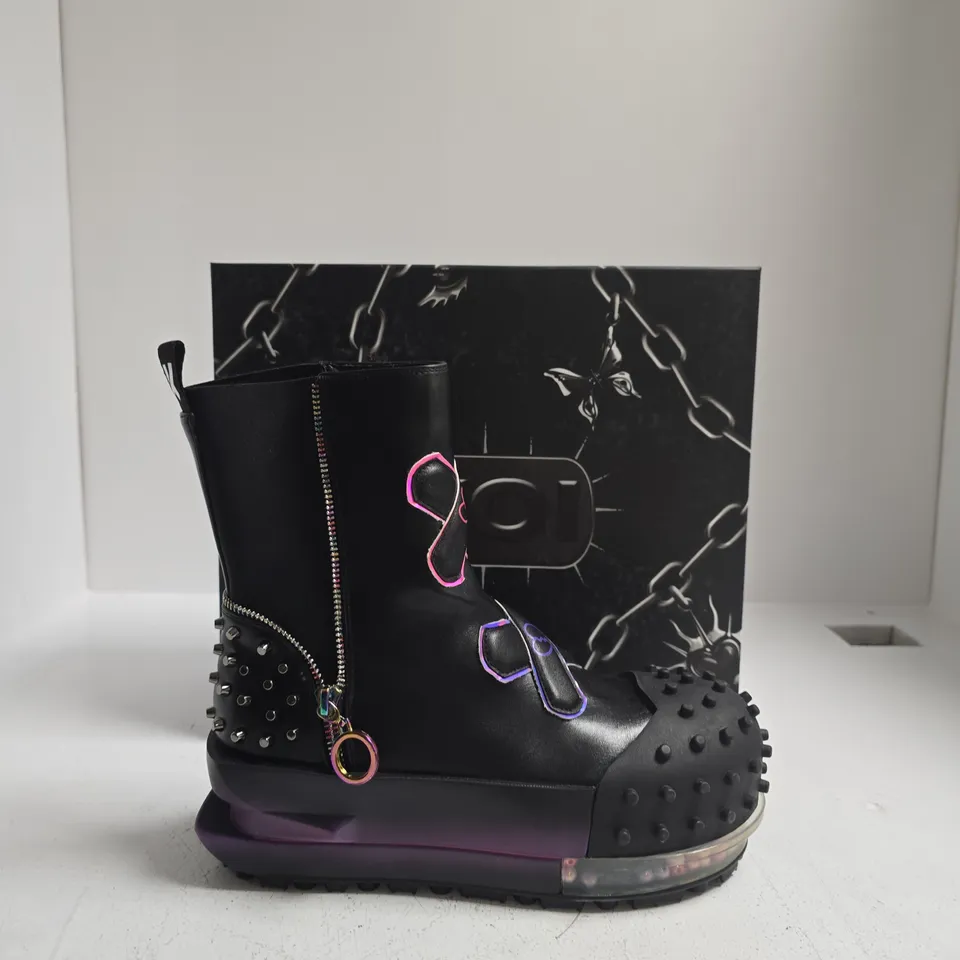 CYBERPUNK BLACK STUDDED LEATHER ANKLE BOOT WITH SIDE ZIP AND PURPLE TRANSLUCENT SOLE UK SIZE 6