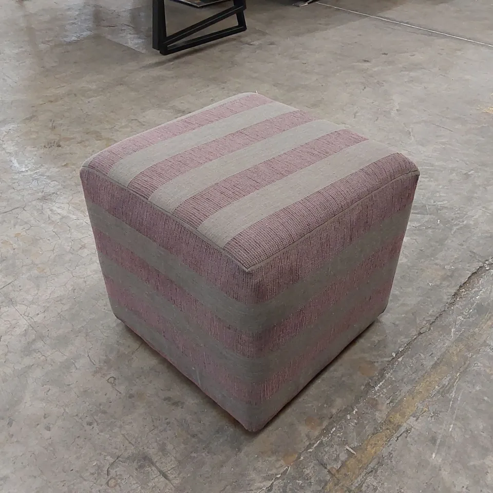 DESIGNER FABRIC UPHOLSTERED SILVER AND PURPLE LINED CUBE FOOTSTOOL