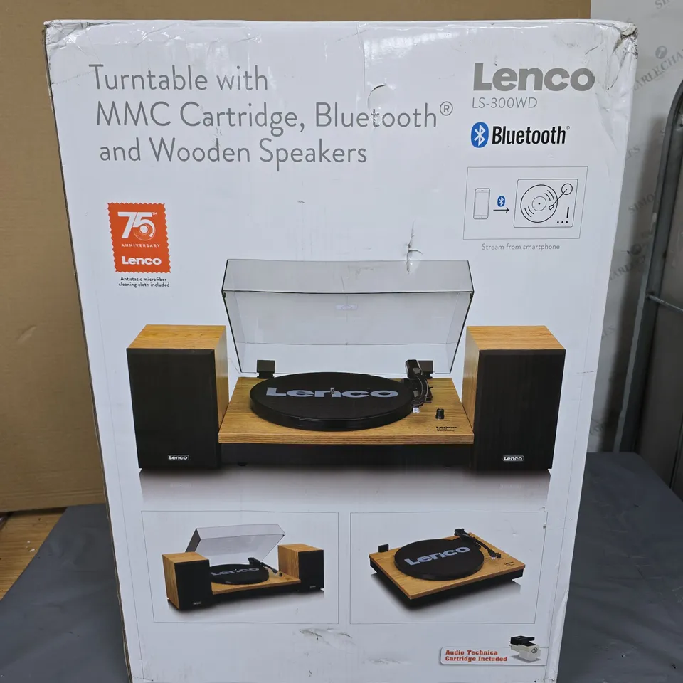LENCO TURNTABLE WITH MMC CARTRIDGE, BLUETOOTH & WOODEN SPEAKERS – LS-300WD – BOXED