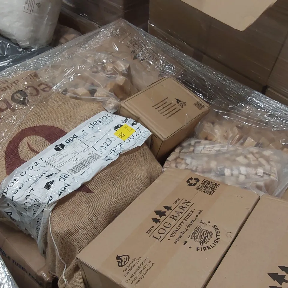 PALLET CONTAINING A LARGE QUANTITY OF FIREWOOD, FIRELIGHTERS ECT