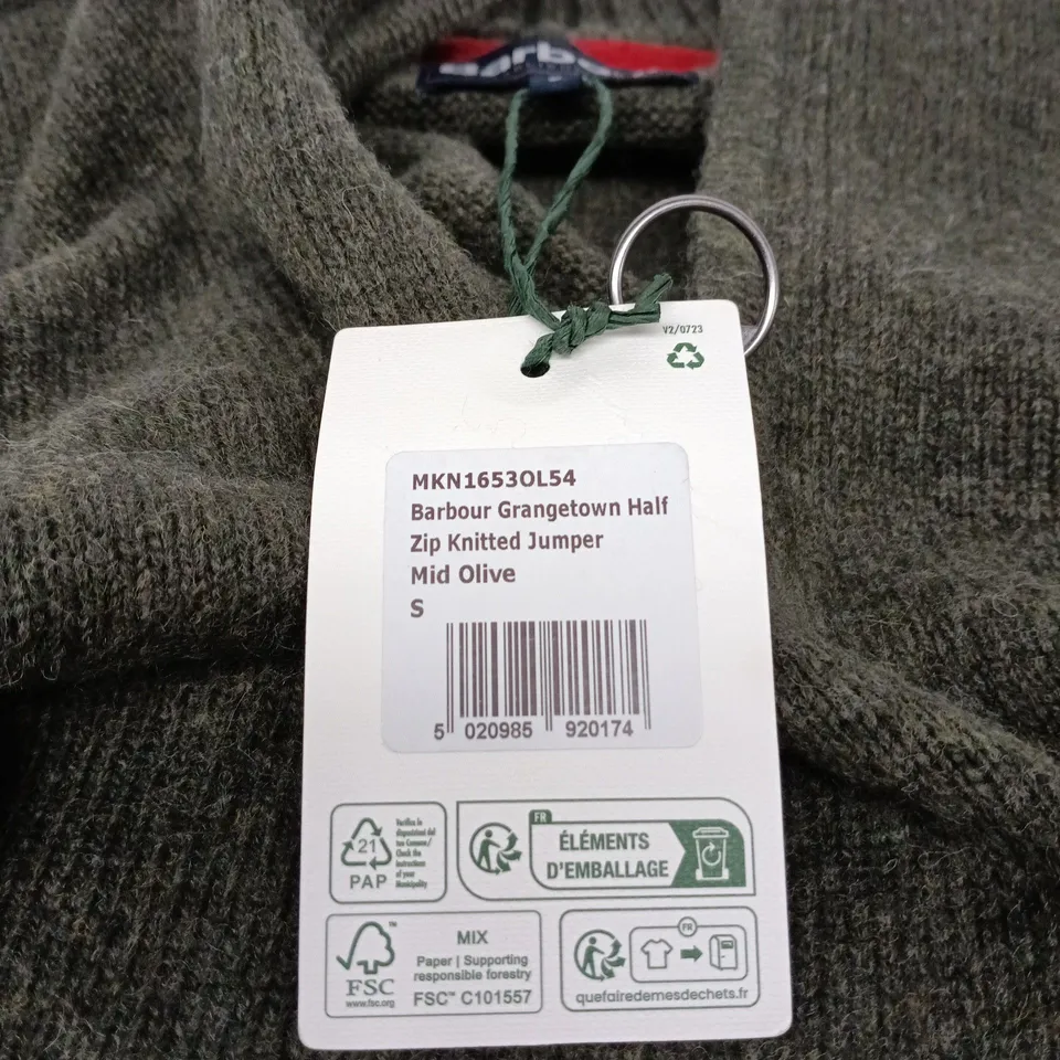 BARBOUR GRANGETOWN HALF ZIP KNITTED JUMPER – MID OLIVE – UK SIZE S