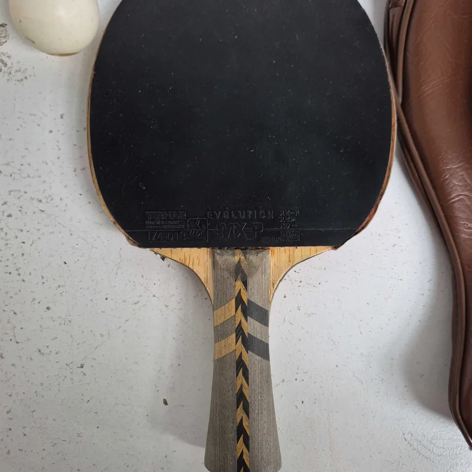 TIBHAR EVOLUTION MX-P TABLE TENNIS PADDLE WITH BROWN LEATHER CASE AND 2 BALLS
