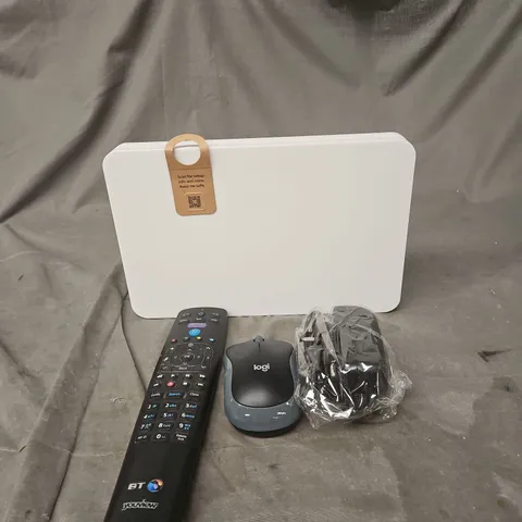 APPROXIMATELY 15 ASSORTED ITEMS TO INCLUDE REMOTE CONTROLS, LOGI MOUSE, POWER SUPPLY, SKY ROUTER ETC