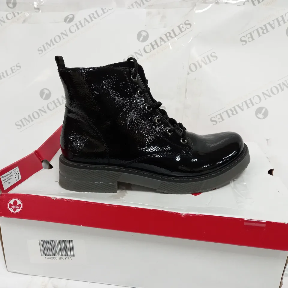 BOXED PAIR OF RIEKER LACE UP BOOTS IN BLACK - SIZE 7.5