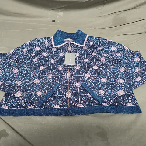 OLIVER BONAS PINK AND BLUE GEO COLLAR CARDI - SIZE 10