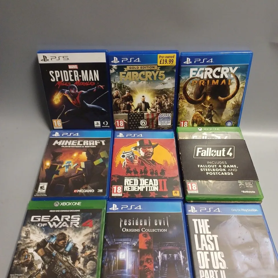 9 X ASSORTED VIDEO GAMES TO INCLUDE FAR CRY 5, FALLOUT 4, SPIDER-MAN MILES MORALES ETC 