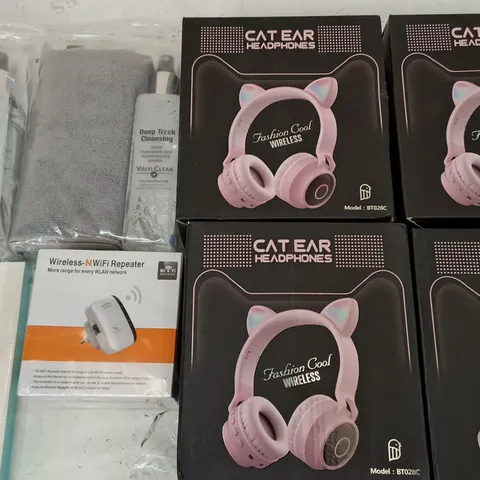 LOT OF 12 ASSORTED ITEMS TO INCLUDE CAT EAR HEADPHONES, WIFI REPEATER AND VINYL CLEANING KITS