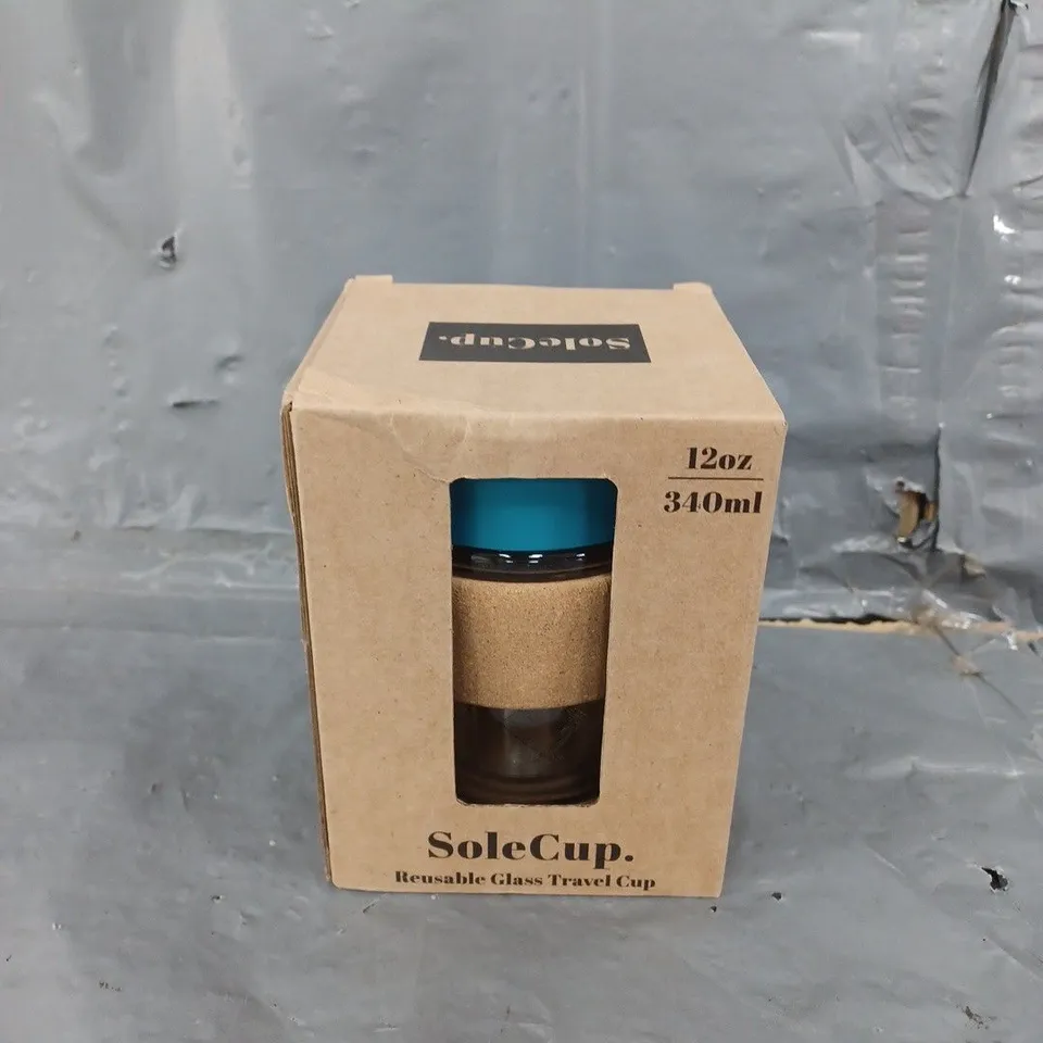 BOXED SOLECUP 340ML GLASS TRAVEL CUP - BLUE 