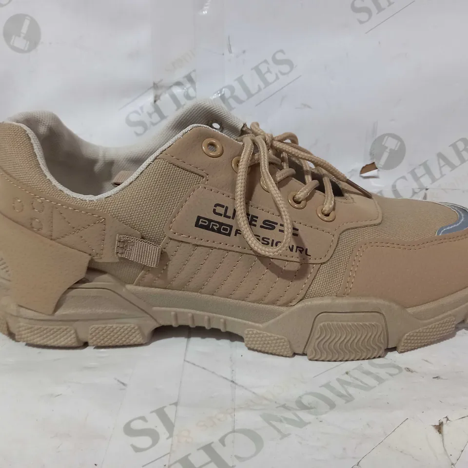 BOXED PAIR OF DESIGNER TRAINERS IN BEIGE/TAN EU SIZE 44