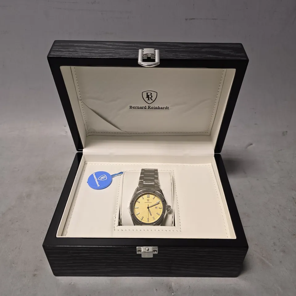 BOXED BERNARD REINHARDT YELLOW DIAL MENS CLASSIC WATCH 