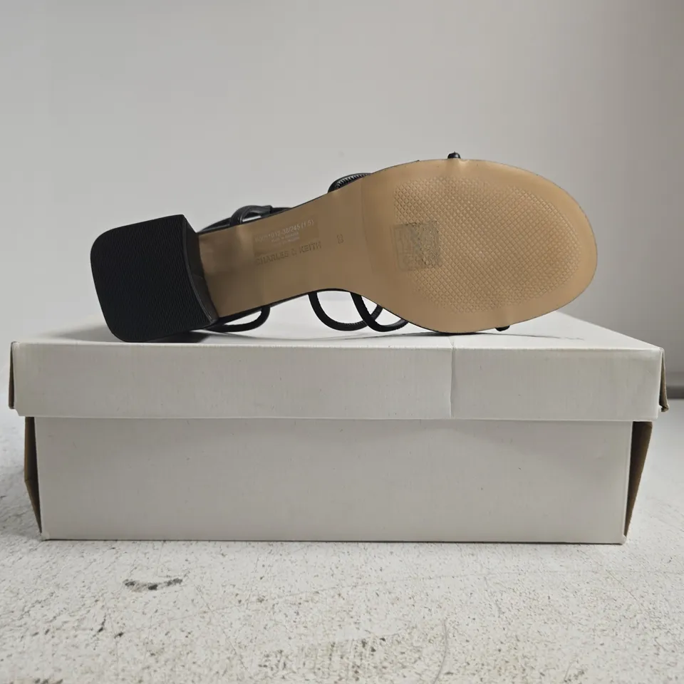 BOXED PAIR OF CHARLES & KEITH OPEN TOE BLOCK HEEL SANDALS IN BLACK SIZE EU 38