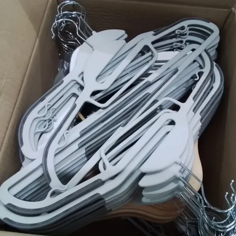 BOX CONTAINING LARGE AMOUNT OF PLASTIC AND WOODEN HANGERS.