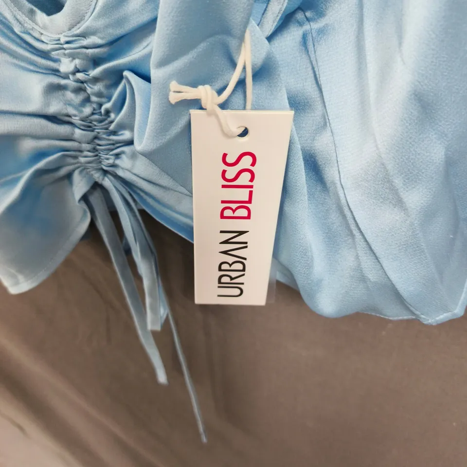 BOX OF APPROXIMATELY 25 URBAN BLISS LIGHT BLUE SATIN RUCHED CROP TOP WITH STRAPS - SIZES 10 /12 /14 /16