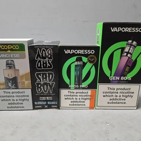 BOX OF APPROXIMATELY 12 ASSORTED E-CIGARETTES PRODUCTS TO INCLUDE - SAD BOY NOLA LINE BLUEBERRY GRANOLA , VAPORESSO , VOOPOO