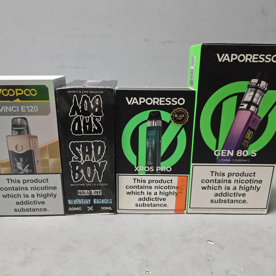 BOX OF APPROXIMATELY 12 ASSORTED E-CIGARETTES PRODUCTS TO INCLUDE - SAD BOY NOLA LINE BLUEBERRY GRANOLA , VAPORESSO , VOOPOO