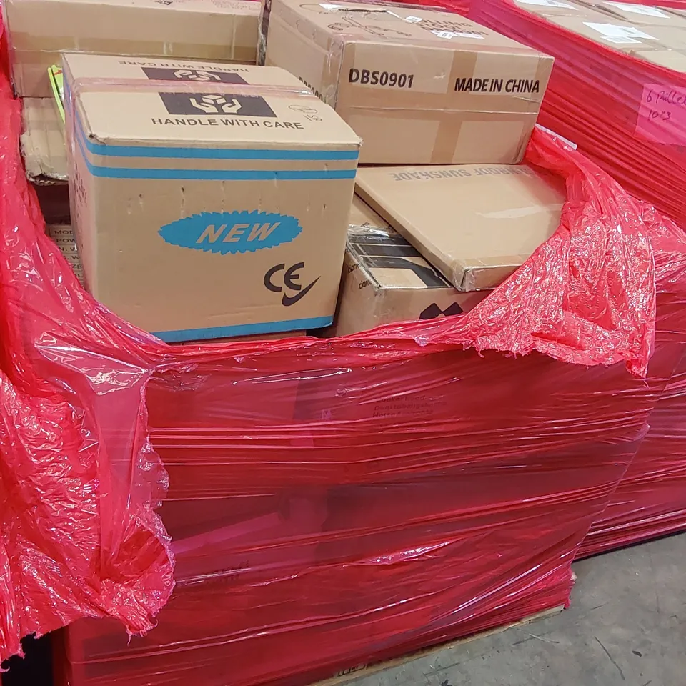 PALLET OF ASSORTED CONSUMER PRODUCTS TO INCLUDE: FOOD DEHYDRATOR, ROLLING STOOL, BABY MOSQUITO NET, COOKER HOOD, CAR SUNROOF SUNSHADE ECT