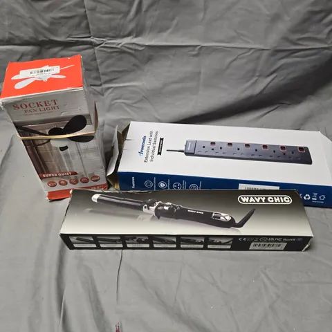 APPROXIMATELY 10 ASSORTED ELECTRICAL PRODUCTS TO INCLUDE FAN LIGHT, WAVY CHIC, EXTENSION LEAD ETC