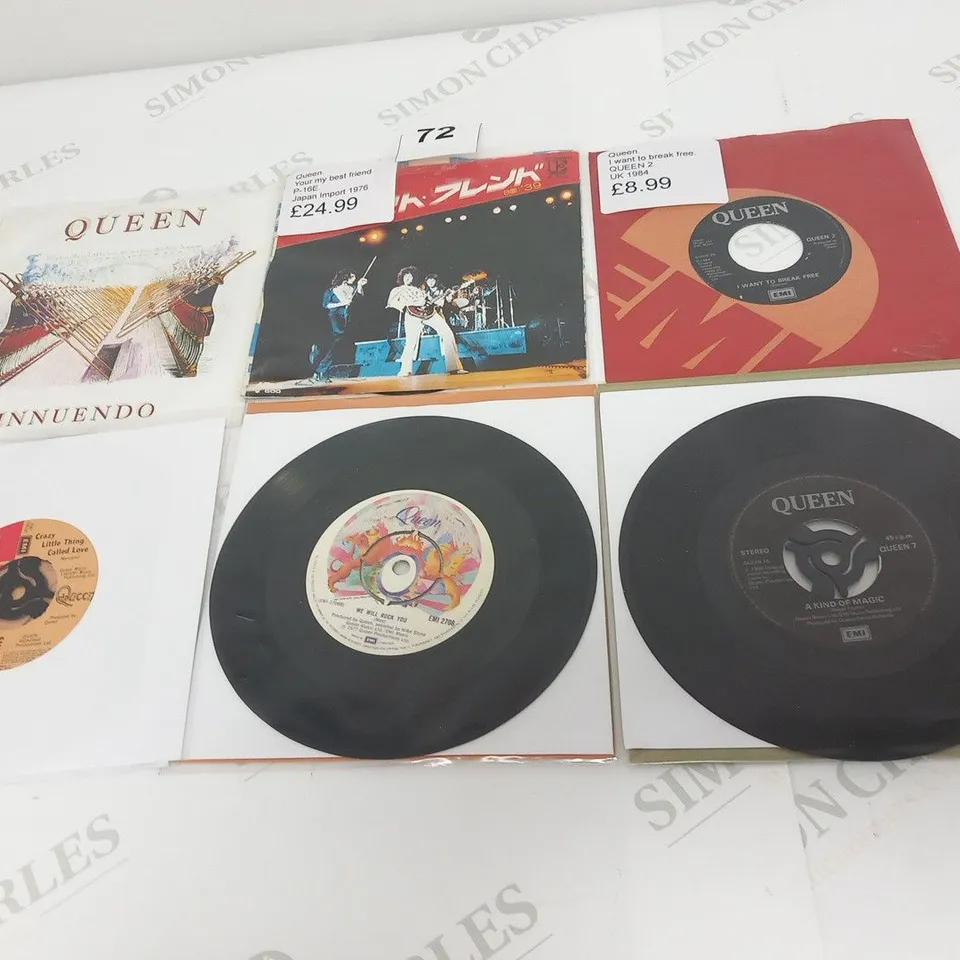 A COLLECTION OF 10 X QUEEN VINYL SINGLES. INCLUDING THE VERY SOUGHT AFTER JAPANESE IMPORT.