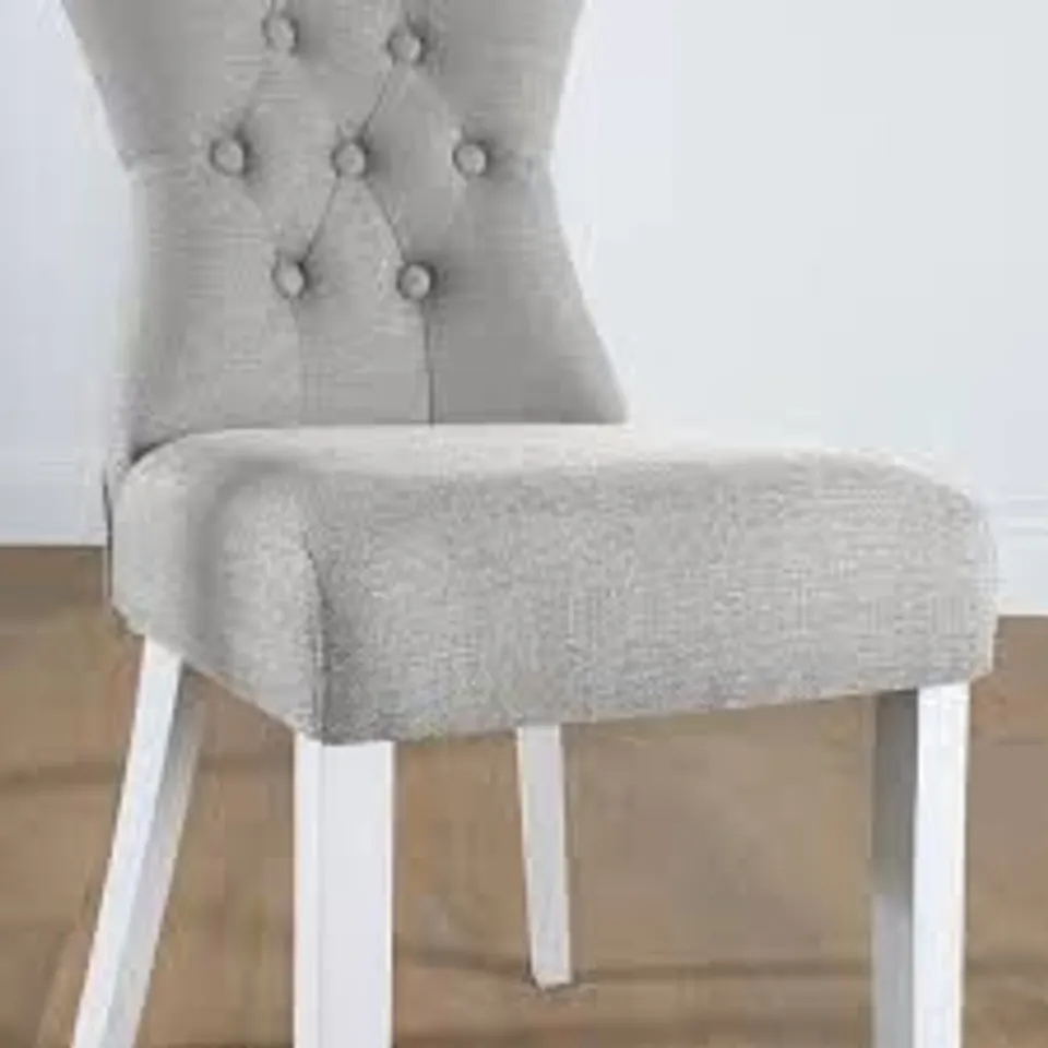 BOXED DUKE LIGHT GREY FABRIC BUTTON BACK DINING CHAIR (WHITE LEG)