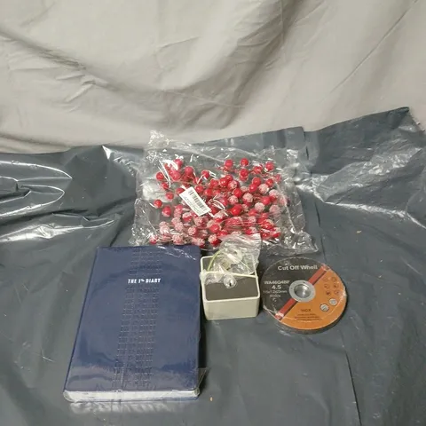 APPROXIMATELY 15 ASSORTED HOUSEHOLD ITEMS TO INCLUDE BERRY DECORATION, INOX STAINLESS STEEL CUT OFF WHEEL, KEY SAFE, THE 1% DIARY  ETC