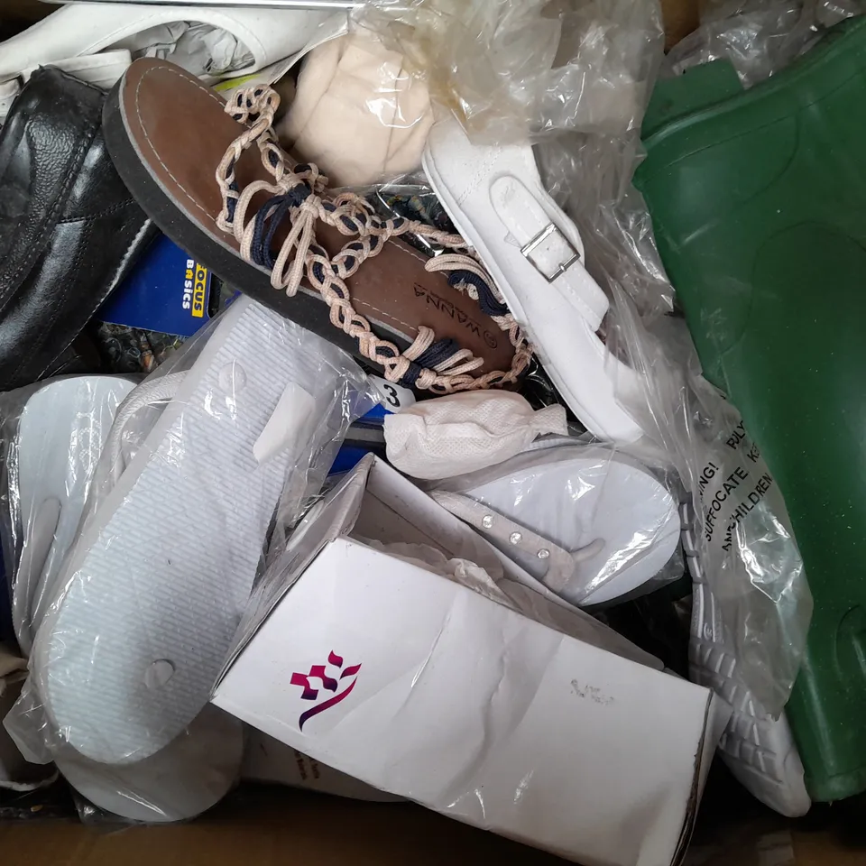 BOX OF APPROXIMATELY 20 ASSORTED FOOTWEAR, FASHION, AND HOUSEHOLD ITEMS TO INCLUDE REDFOOT, LOVE YOUR SHOES, ETC
