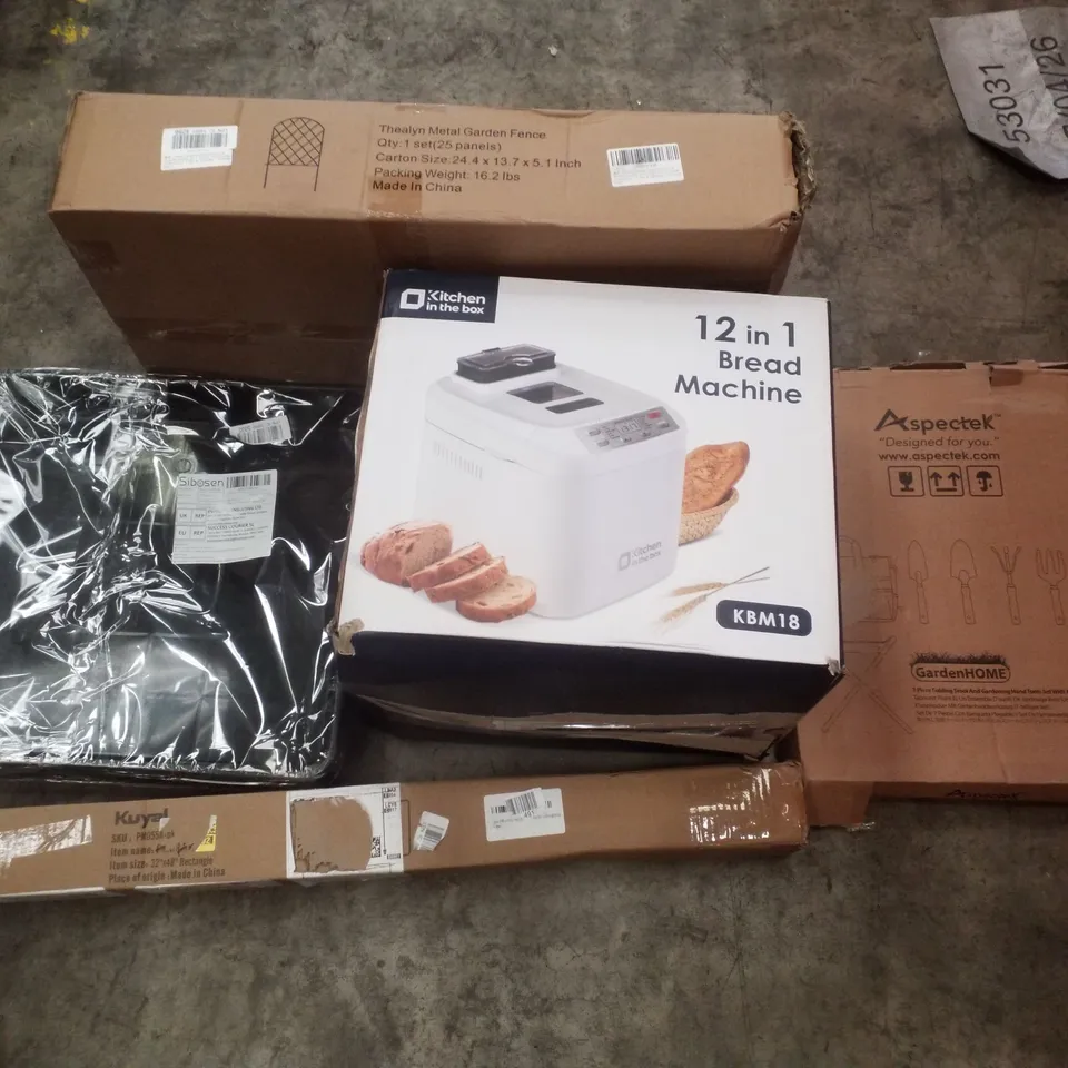 PALLET CONTAINING ASSORTED PRODUCTS INCLUDING METAL GARDEN FENCE, 12 IN 1 BREAD MACHINE, GARDENING TOOLS, PLANT POT TRAYS & CHAIR MAT FOR CARPET