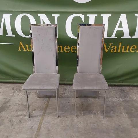 SET OF 2 CELESTE GREY VELVET AND CHROME DINING CHAIRS