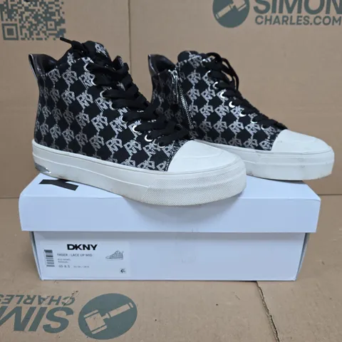 BOXED PAIR OF DKNY LACE UP MID SHOES IN BLACK/NICKEL SIZE 6