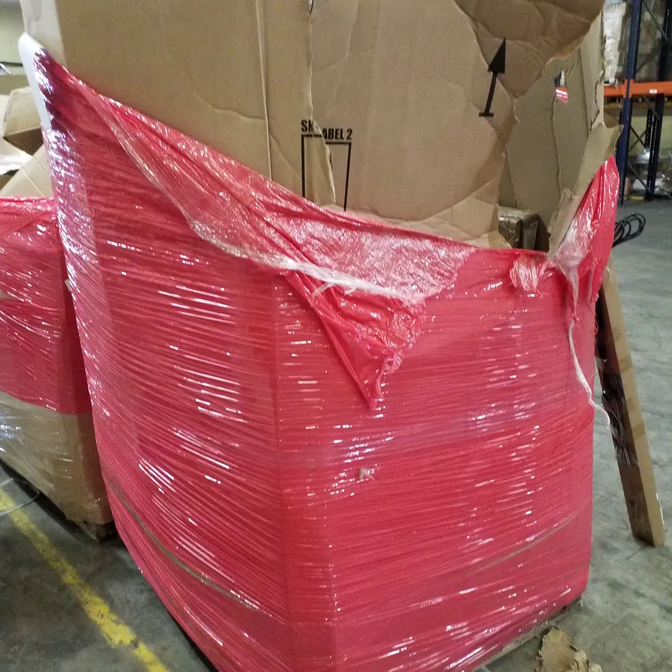 PALLET OF ASSORTED PRODUCTS INCLUDING FLOOR CHAIR, MULTI-USE RETRACTABLE GATE, IMPULSE SPEALER, UNDER DESK ELLIPTICAL 