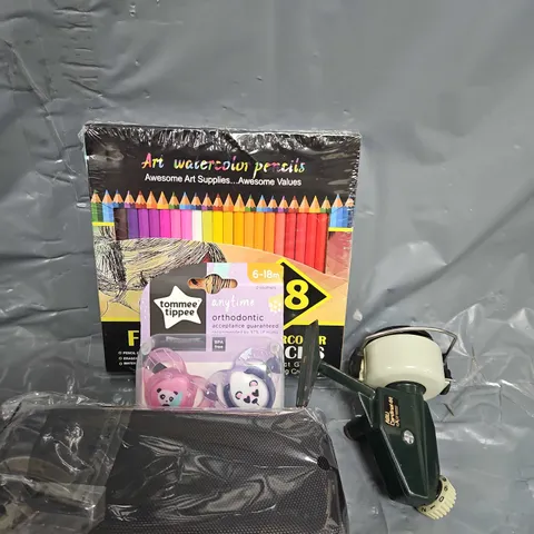 BOX OF ASSORTED HOME AND ACCESSORIES ITEMS TO INCLUDE - PENCILS - FISHING REEL - PAINTS 