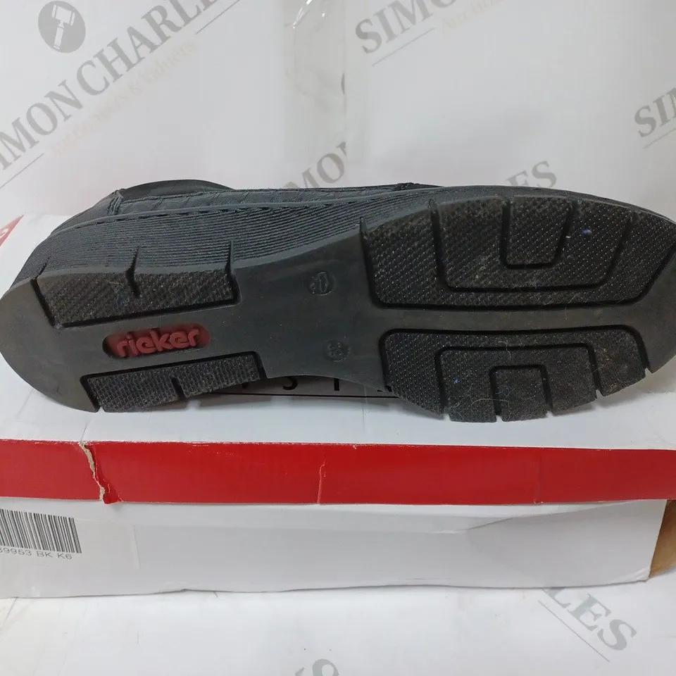 BOXED PAIR OF RIEKER WEDGE TRAINERS WITH SIDE ZIPS - BLACK - SIZE 6
