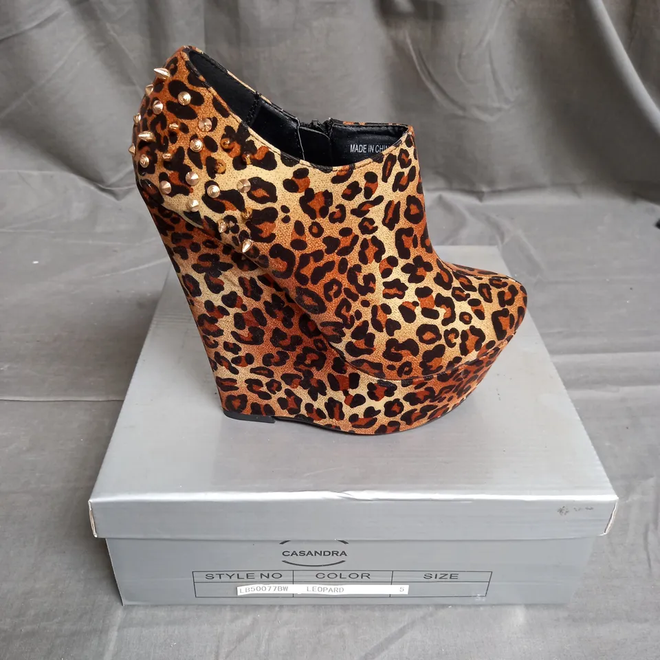 BOX OF 8 PAIRS OF CASSANDRA WEDGE ANKLE BOOTS IN LEOPARD WITH GOLD SPIKES - VARIOUS SIZES