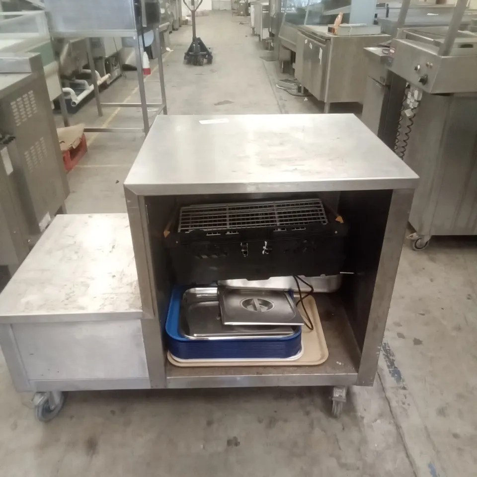 COMMERCIAL FOOD PREP STATION WITH POP UP TABLE AND STORAGE 