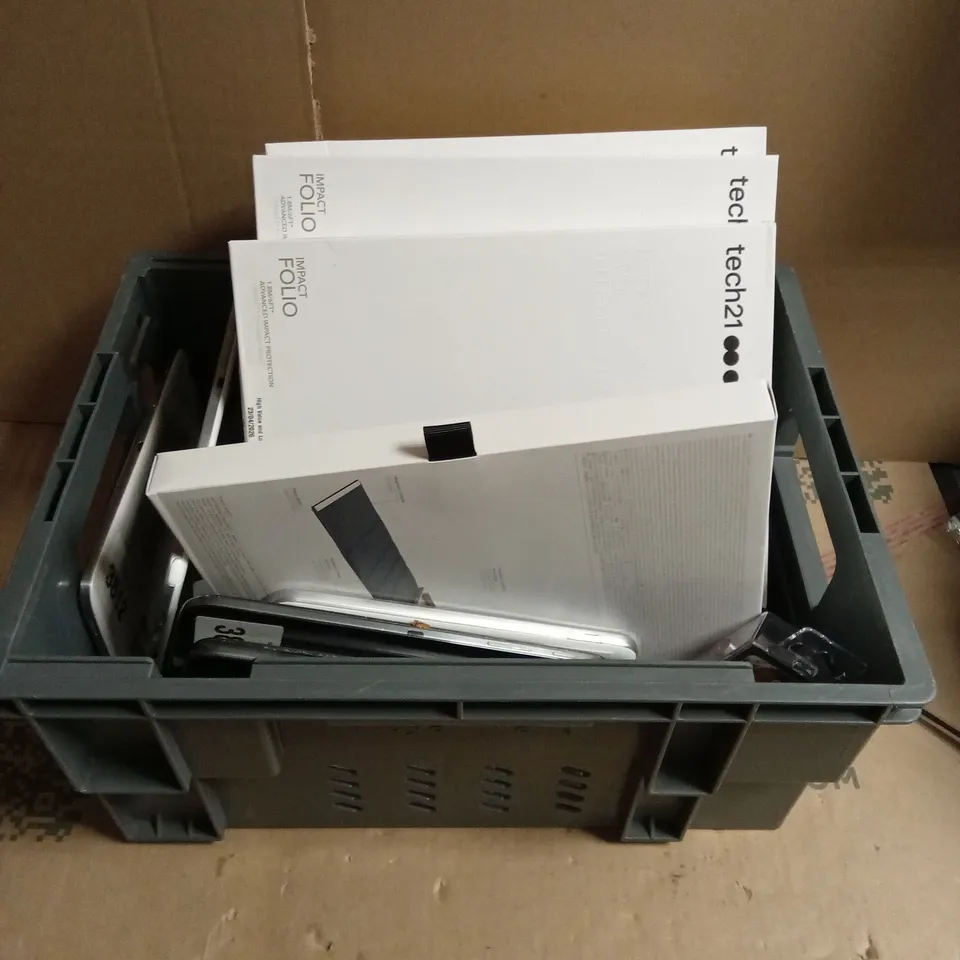 TOTE OF ASSORTED ELECTRICAL PRODUCTS TOO INCLUDE SAMSUNG TABLETS , BLUETOOTH EARBUDS , IPAD CASES , ETC 