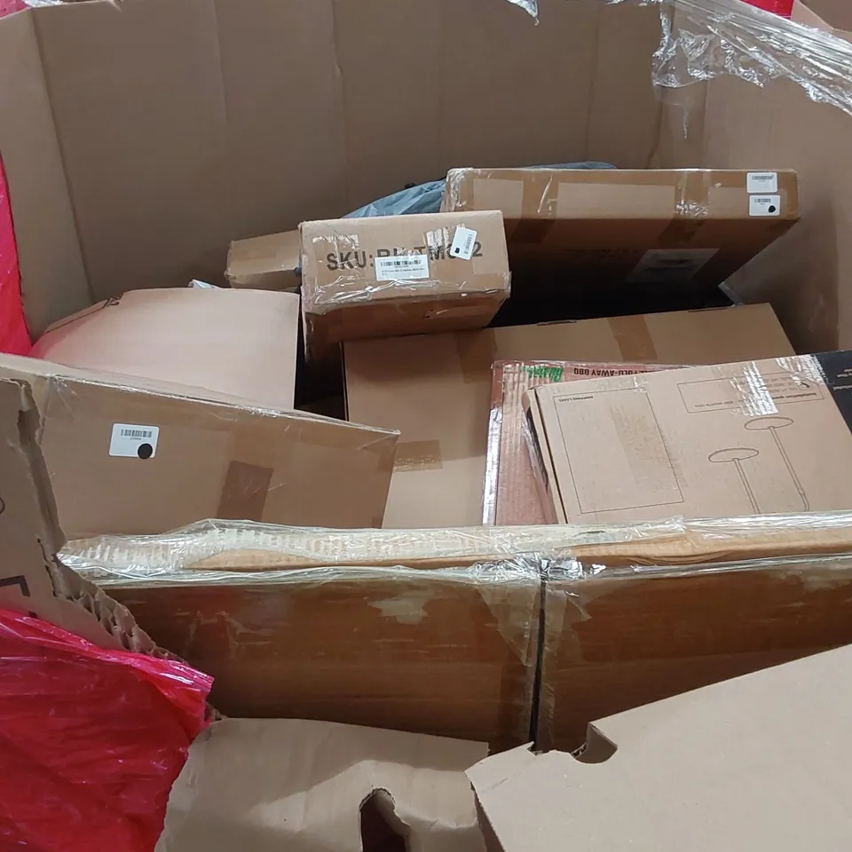 PALLET OF ASSORTED HOUSEHOLD ITEMS AND CONSUMER PRODUCTS TO INCLUDE; AEROBIC STEP, WOK, CHAIR MAT, BOXED FURNITURE ETC 