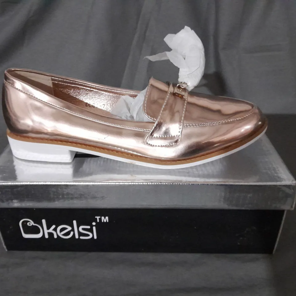 APPROXIMATELY 9 BOXED PAIRS OF ROSE GOLD KELSI LOAFER STYLE SHOES TO INCLUDE SIZE 4
